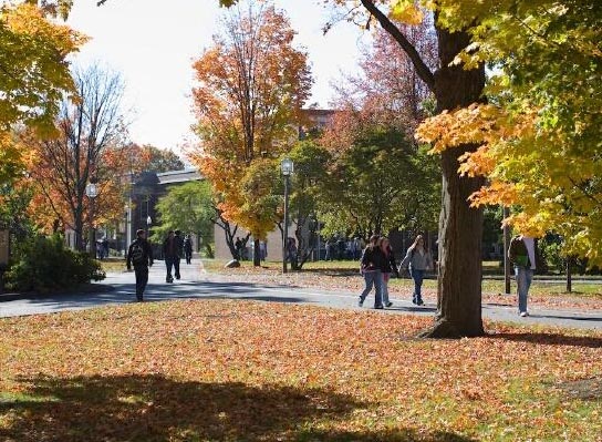 students walking on campus in fall