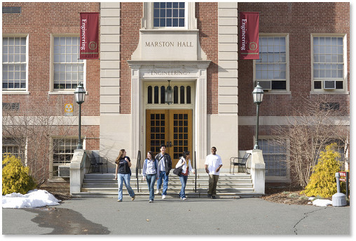 Students outside classroom building