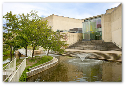 Pond and fountain in front of Fine Arts Center