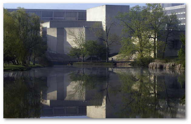 Fine Arts Center viewed across pond