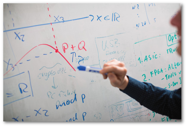A whiteboard filled with mathematical formulas and graphs in different color ink. We see the edge of a person's face on the right side and part of their arm and hand holding a blue marker.