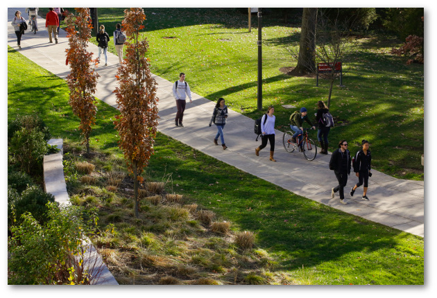 Aerial view of students walking near Life Sciences and ISBbuildings